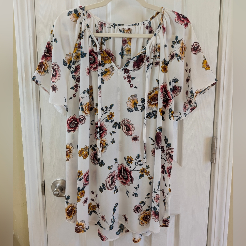 Maurices Floral Blouse with Burgundy and Yellow Accents